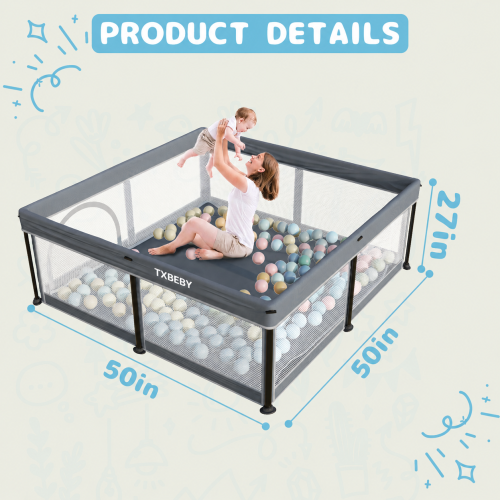 TXBEBY Foldable Baby Playpen with Mat, 50"×50" Collapsible Play Pen for Babies and Toddlers, Indoor & Outdoor Kids Safety Play Pen, Portable Play Yard, Foldable Baby Playpen with 50 Ocean Balls 