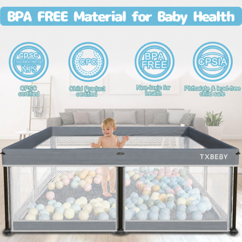 TXBEBY Foldable Baby Playpen with Mat, 50"×50" Collapsible Play Pen for Babies and Toddlers, Indoor & Outdoor Kids Safety Play Pen, Portable Play Yard, Foldable Baby Playpen with 50 Ocean Balls