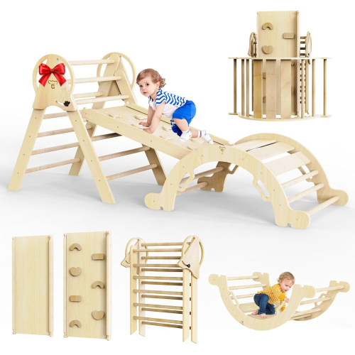 Taleco Gear Pikler Triangle Set 7 in 1,Foldable Baby Climbing Toys Wooden,Toddler Climbing Toys Indoor,Climbing to ys for Toddlers 1-3,with Ramp, Arch and Ladder(Nature Wood)