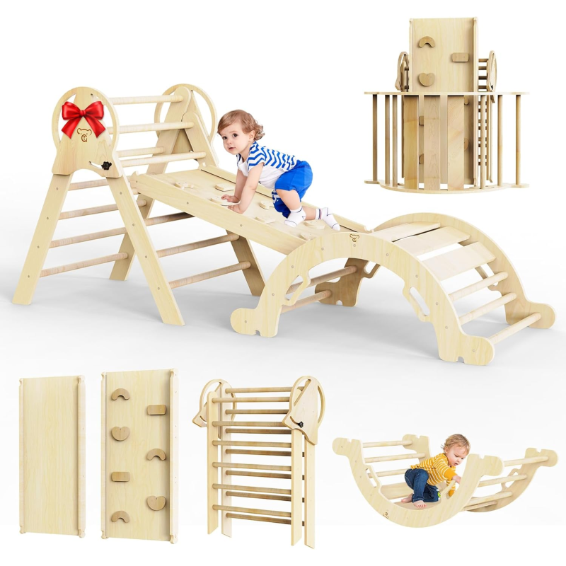 Taleco Gear Pikler Triangle Set 7 in 1,Foldable Baby Climbing Toys Wooden,Toddler Climbing Toys Indoor,Climbing to ys for Toddlers 1-3,with Ramp, Arch and Ladder(Nature Wood)