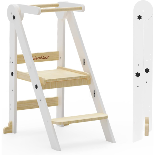 G TALECO GEAR Foldable Toddler Kitchen Stool Helper, Toddler Tower with 3 Adjustable Height, Wooden Toddler Step Stool, Collapsible Toddler Tower, Toddler Stool for Kitchen and Bathroom