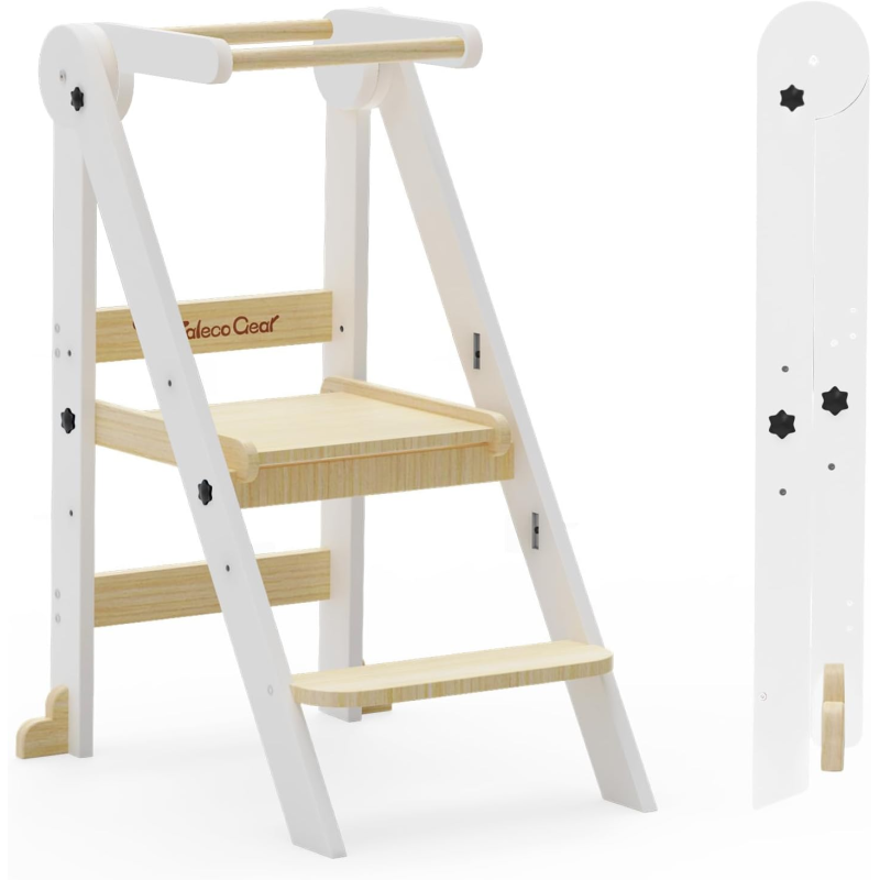 G TALECO GEAR Foldable Toddler Kitchen Stool Helper, Toddler Tower with 3 Adjustable Height, Wooden Toddler Step Stool, Collapsible Toddler Tower, Toddler Stool for Kitchen and Bathroom