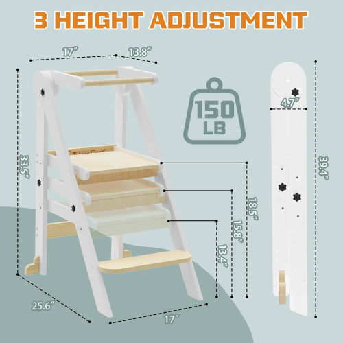 G TALECO GEAR Foldable Toddler Kitchen Stool Helper, Toddler Tower with 3 Adjustable Height, Wooden Toddler Step Stool, Collapsible Toddler Tower, Toddler Stool for Kitchen and Bathroom