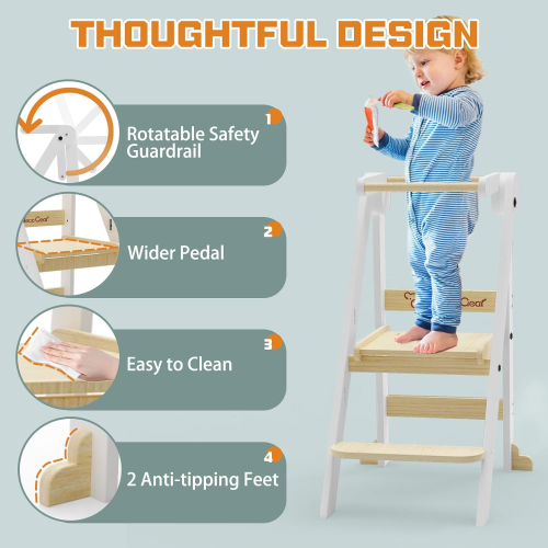 G TALECO GEAR Foldable Toddler Kitchen Stool Helper, Toddler Tower with 3 Adjustable Height, Wooden Toddler Step Stool, Collapsible Toddler Tower, Toddler Stool for Kitchen and Bathroom