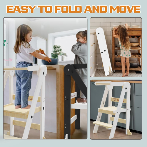 G TALECO GEAR Foldable Toddler Kitchen Stool Helper, Toddler Tower with 3 Adjustable Height, Wooden Toddler Step Stool, Collapsible Toddler Tower, Toddler Stool for Kitchen and Bathroom