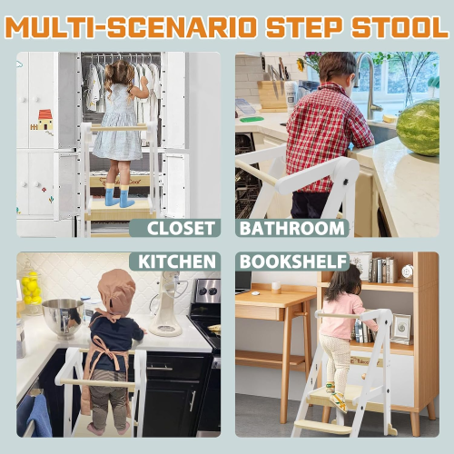 G TALECO GEAR Foldable Toddler Kitchen Stool Helper, Toddler Tower with 3 Adjustable Height, Wooden Toddler Step Stool, Collapsible Toddler Tower, Toddler Stool for Kitchen and Bathroom