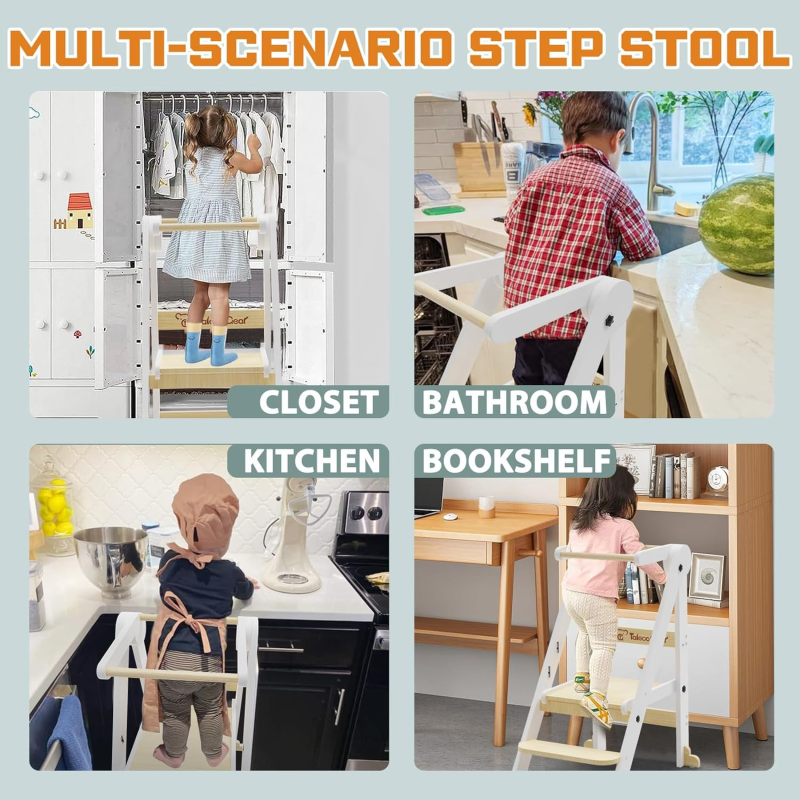 G TALECO GEAR Foldable Toddler Kitchen Stool Helper, Toddler Tower with 3 Adjustable Height, Wooden Toddler Step Stool, Collapsible Toddler Tower, Toddler Stool for Kitchen and Bathroom 