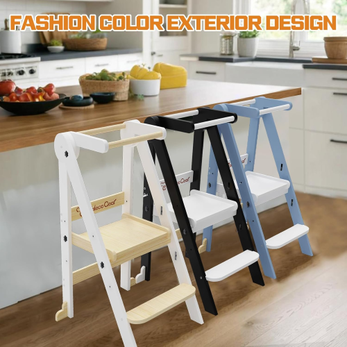 G TALECO GEAR Foldable Toddler Kitchen Stool Helper, Toddler Tower with 3 Adjustable Height, Wooden Toddler Step Stool, Collapsible Toddler Tower, Toddler Stool for Kitchen and Bathroom
