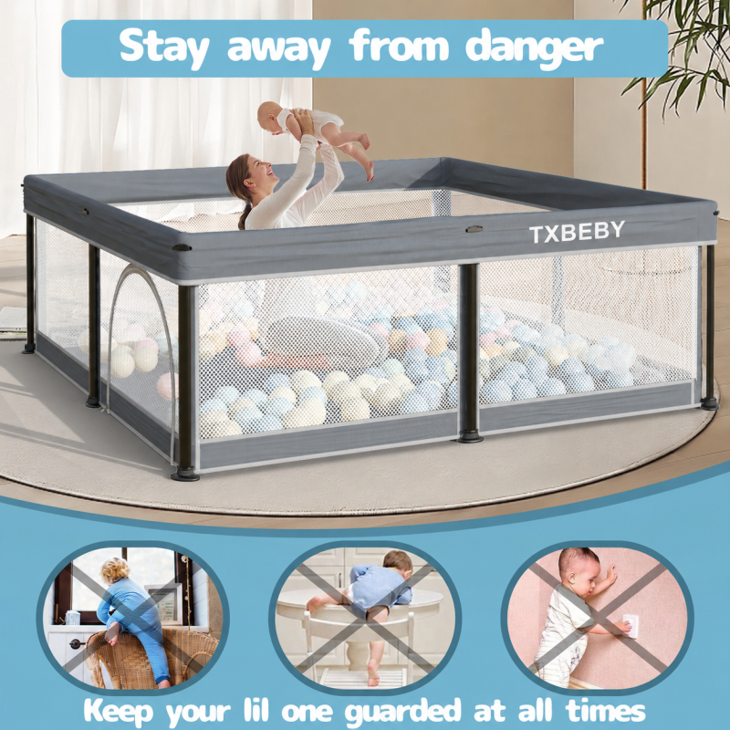 TXBEBY Foldable Baby Playpen with Mat, 50"×50" Collapsible Play Pen for Babies and Toddlers, Indoor & Outdoor Kids Safety Play Pen, Portable Play Yard, Foldable Baby Playpen with 50 Ocean Balls 