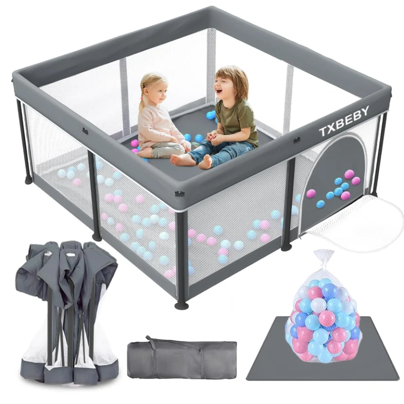 TXBEBY Foldable Baby Playpen with Mat, 50"×50" Collapsible Play Pen for Babies and Toddlers, Indoor & Outdoor Kids Safety Play Pen, Portable Play Yard, Foldable Baby Playpen with 50 Ocean Balls 