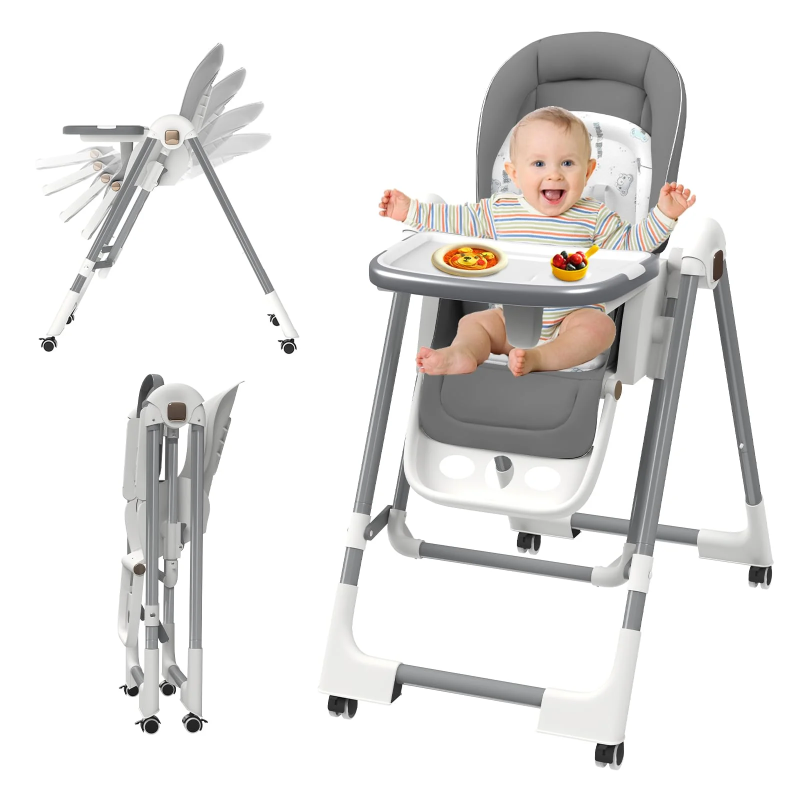 G TALECO GEAR High Chairs for Babies and Toddlers, 3-in-1 Baby High Chair Foldable with Locking Wheels, Removable Dining Trays, Gray 