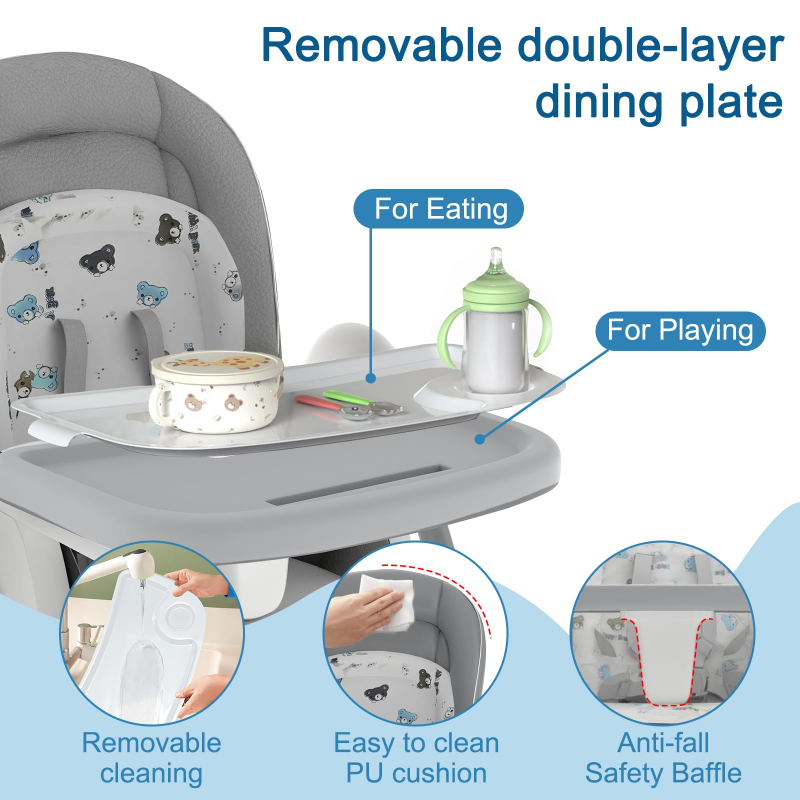 G TALECO GEAR High Chairs for Babies and Toddlers, 3-in-1 Baby High Chair Foldable with Locking Wheels, Removable Dining Trays, Gray 