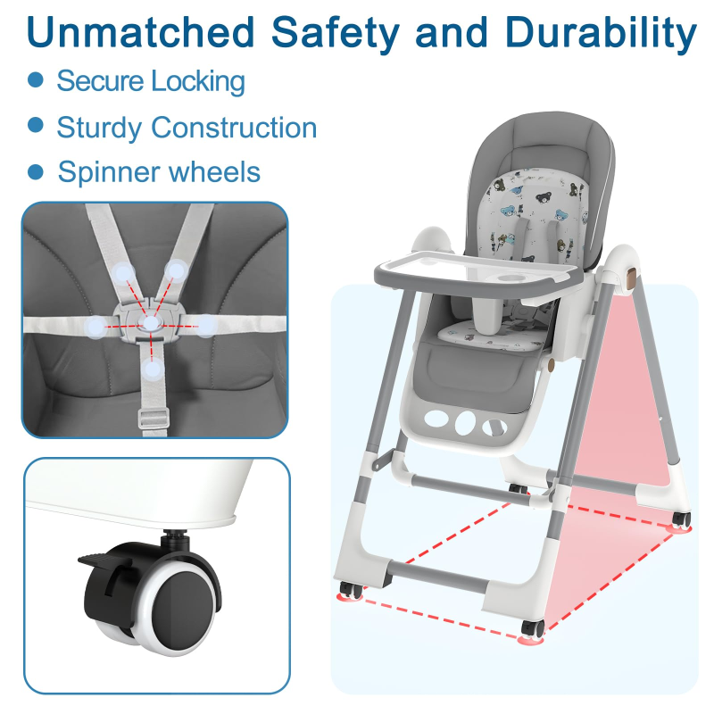 G TALECO GEAR High Chairs for Babies and Toddlers, 3-in-1 Baby High Chair Foldable with Locking Wheels, Removable Dining Trays, Gray 