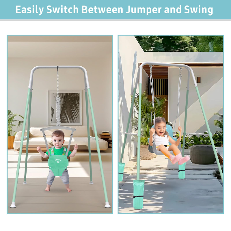 G TALECO GEAR 2 in 1 Baby Jumper&Portable Baby Swing for Infants to Toddler,Swing Sets for Outside and with 4 Sandbags,White & Green 