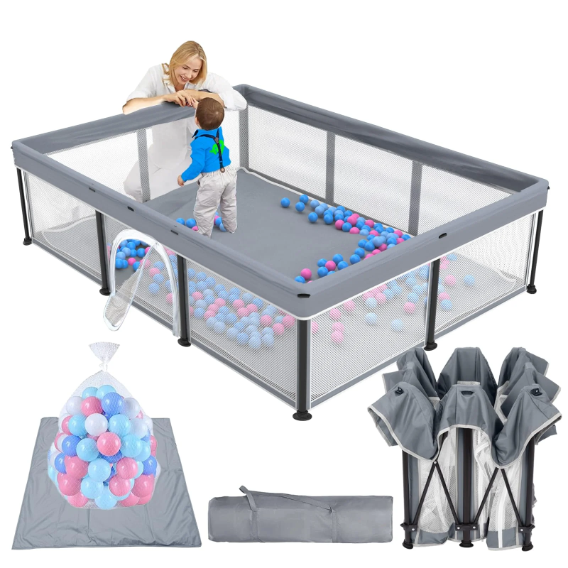G TALECO GEAR Baby Playpen with Mat, Foldable Playpen for Babies and Toddlers, Portable Travel Play Yard, 50"x70", Gray 