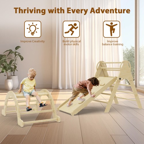 Pikler Triangle Set 7 in 1,Foldable Baby Climbing Toys Wooden,Toddler Climbing Toys Indoor,Climbing Toys for Toddlers 1-3,with Ramp, Arch and Ladder