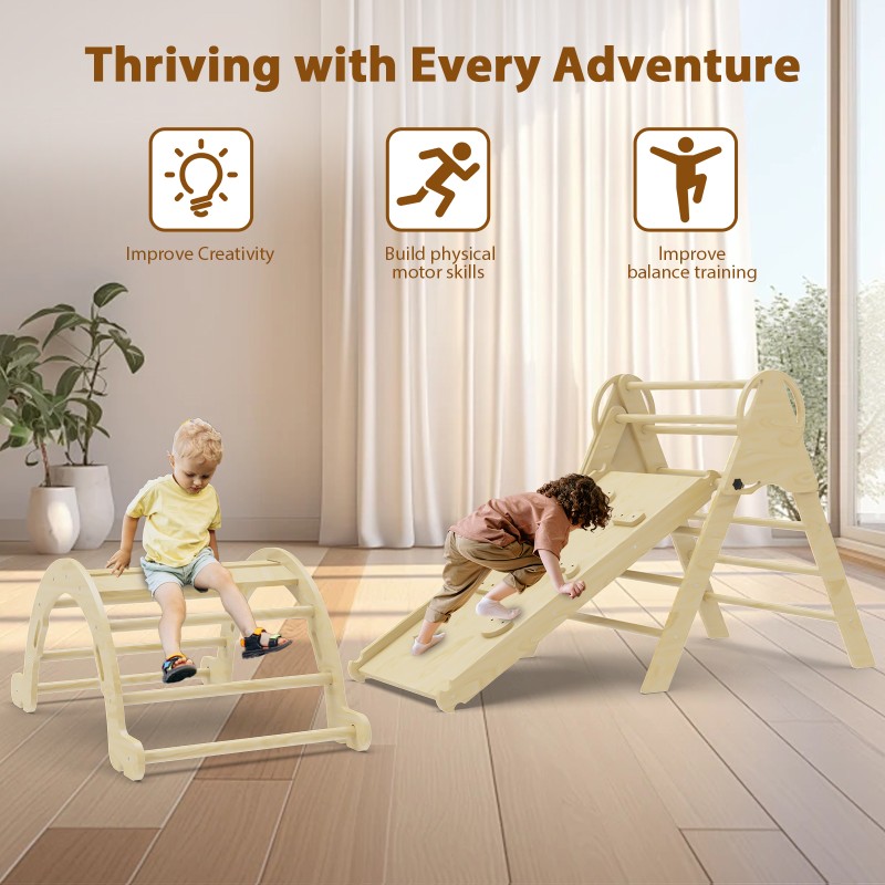 Taleco Gear Pikler Triangle Set 7 in 1,Foldable Baby Climbing Toys Wooden,Toddler Climbing Toys Indoor,Climbing to ys for Toddlers 1-3,with Ramp, Arch and Ladder(Nature Wood) 